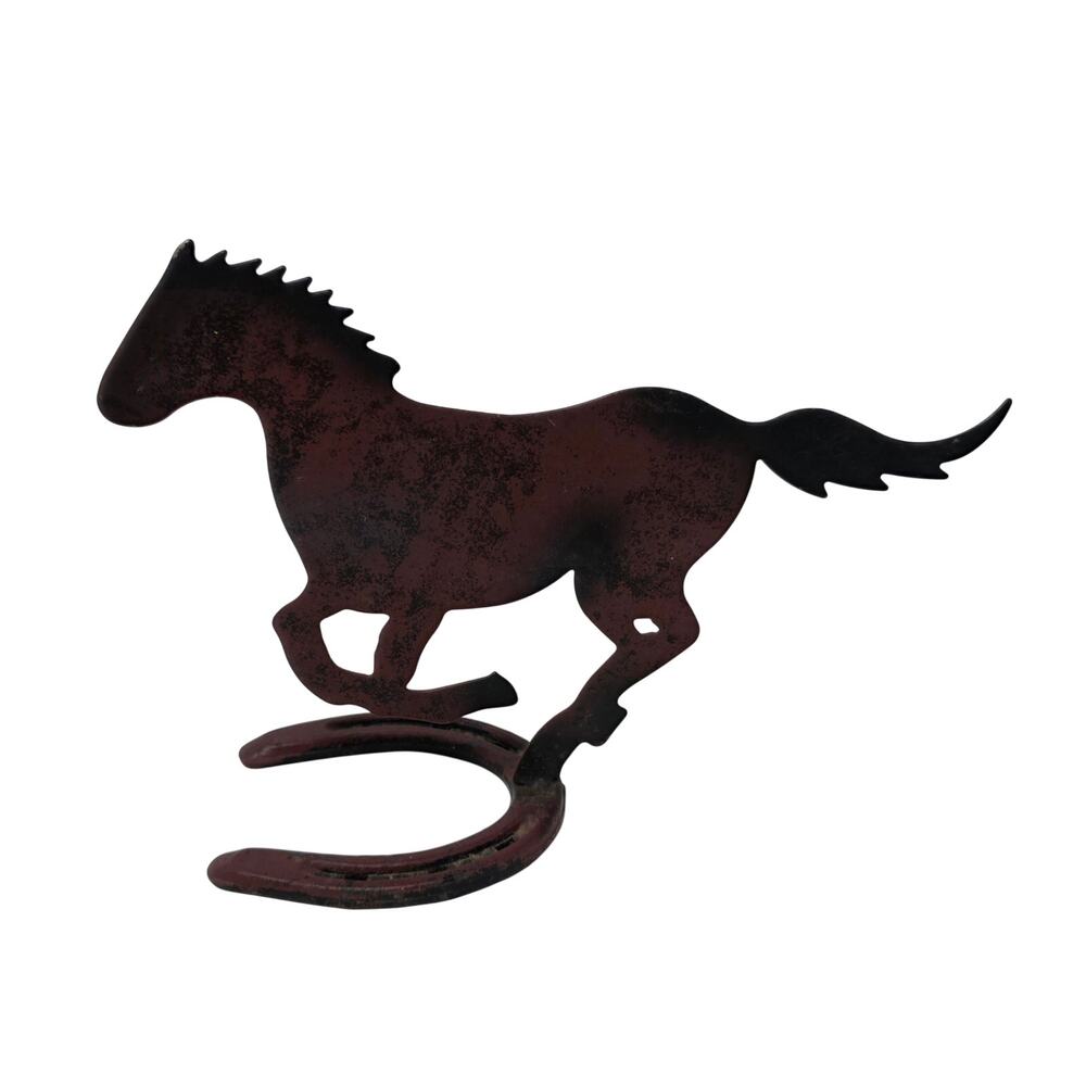 Rustic Metal Running Horse Sculpture on Diamond Pony Horseshoe Base